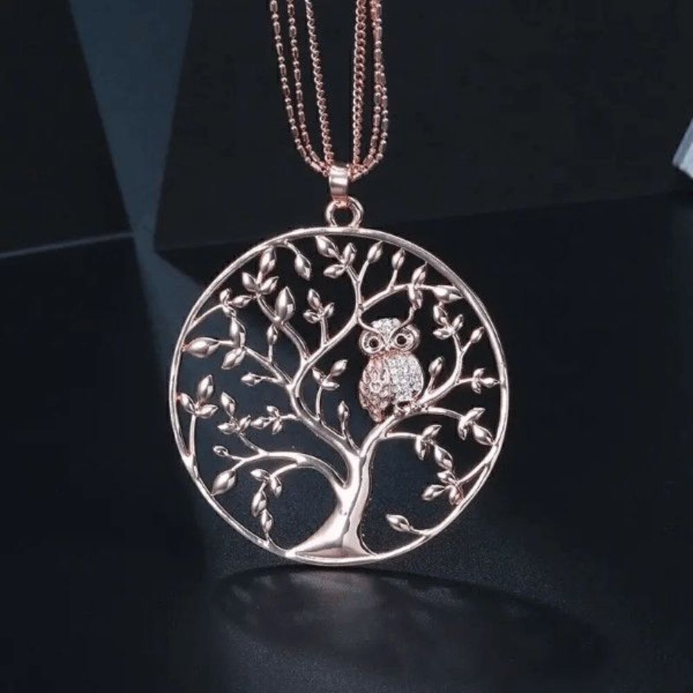 Tree Of Life Diamond Owl Pendant Triple Chain Necklace